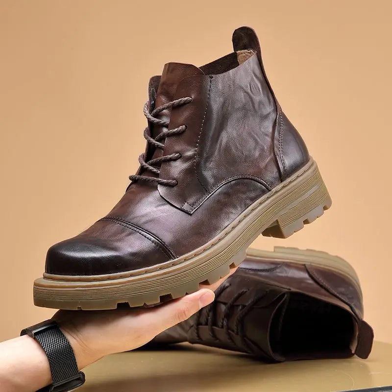 Motorcycle Boot British Style High-top Lace-up Ankle Boots Autumn Winter New Luxury Men's Genuine Leather Designer Shoes
