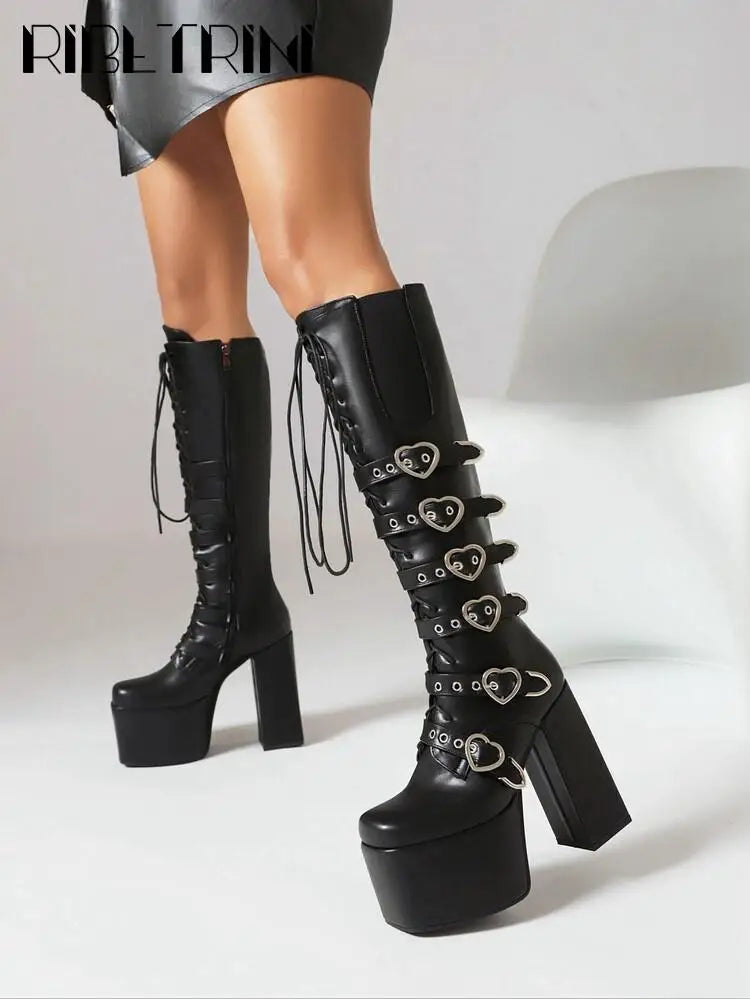 Cool Women Motorcycle Boots High Heeled Knee High Sassy Platform Shoes Lace Up Zip Luxury Designer Brand Winter Street Booties