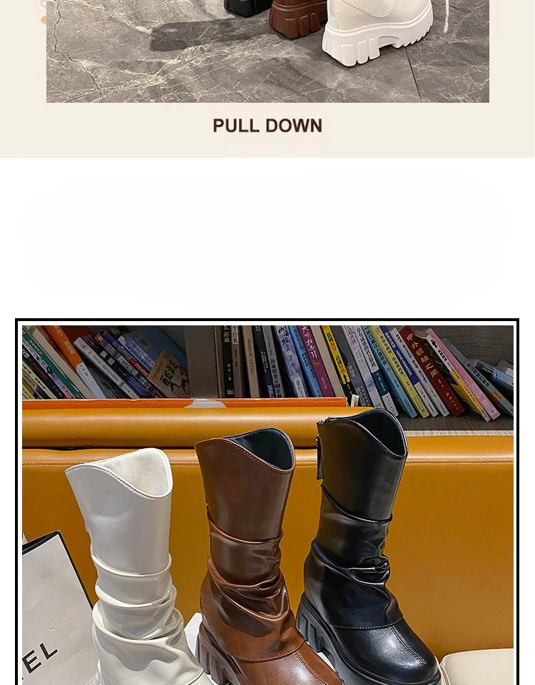 9CM Women Mid Calf Boots Autumn Winte Soft Leather Motorcycle Boots High Platform Square Heels Ladies Chunky Shoes Botas Mujer