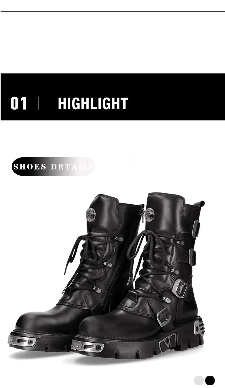 Unisex Genuine Leather Motorcycle Boots Skull Gothic Punk Cowboy Boots Women Men Metal Decoration Platform Combat Mid-calf Boots