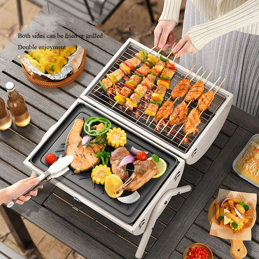 Double Sided Charcoal Grill Multi-Functional Portable Outdoor BBQ Grill Roasted Fried Chimney Stove For Cooking Camping Picnics