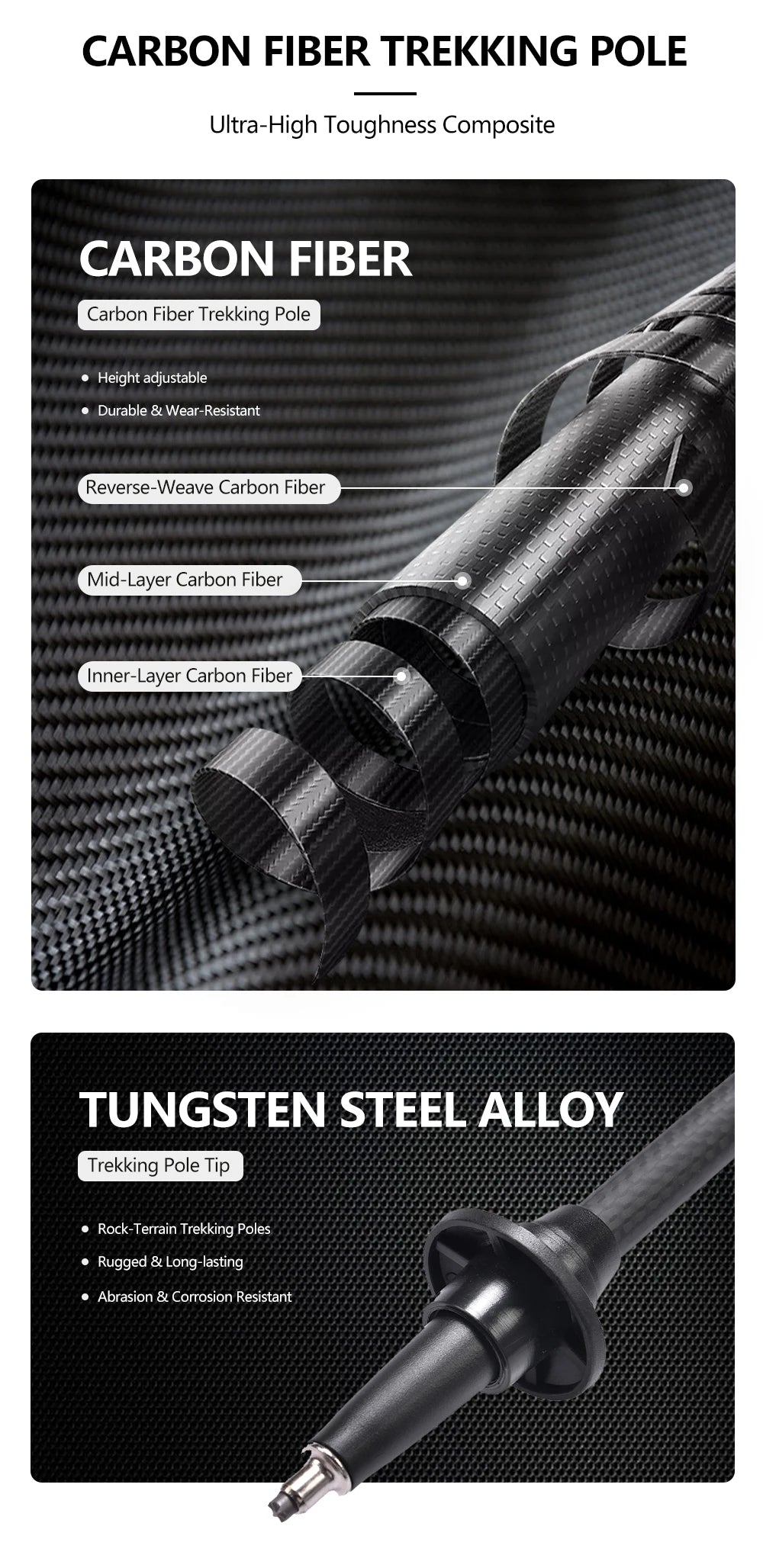 Widesea Trekking Poles 3section Telescopic Pole Carbon Installed Lock For Anti-slip Adjustment Portable Outdoor Walking Sticks