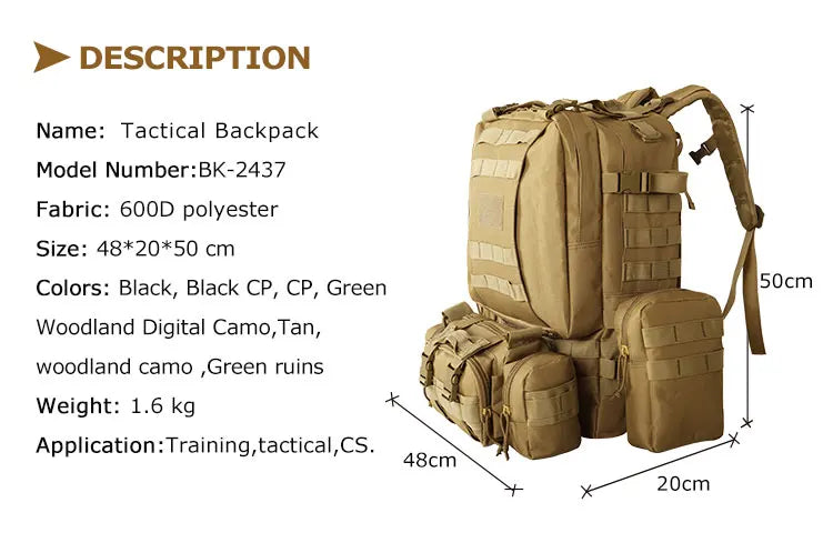 YAKEDA Tactical Backpack Outdoor Mountaineering Tactical Bag Sports Men and Women Large Capacity Wear-resistant Picnic Camping