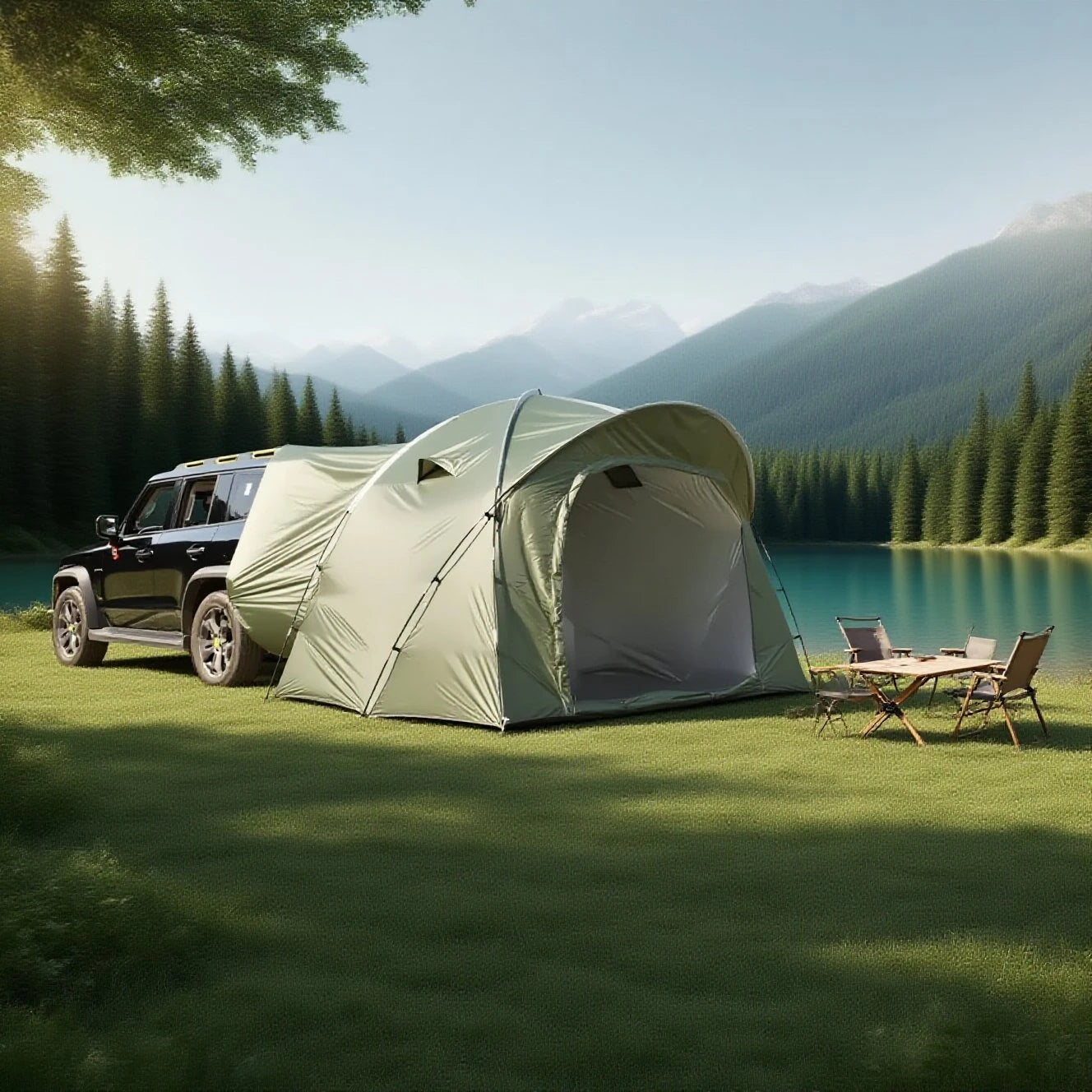 3-4 Person SUV Camping Tent PU4000 Waterproof with Mesh Bug Door, Cross-Ventilated Quick-Pitch Design, Built-In Floor