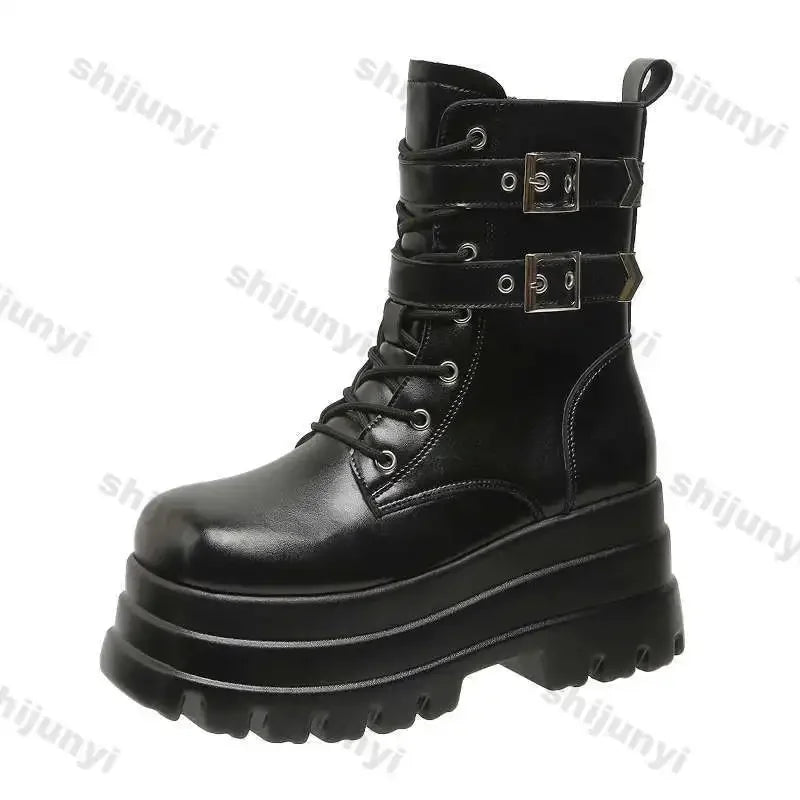 Women Boots British Belt Buckle 2025 Autumn New Height Increasing Thick Soled Short Boot Lace Up Zipper Fashion Motorcycle Boots