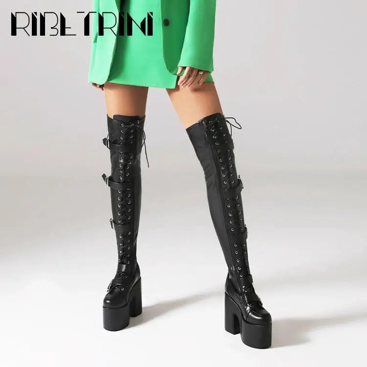 Punk Goth Women Motorcycle Boots Block High Heels Platform Shoes  Woman 2024 New Brand Luxury Fashion Design Cool Street Boots