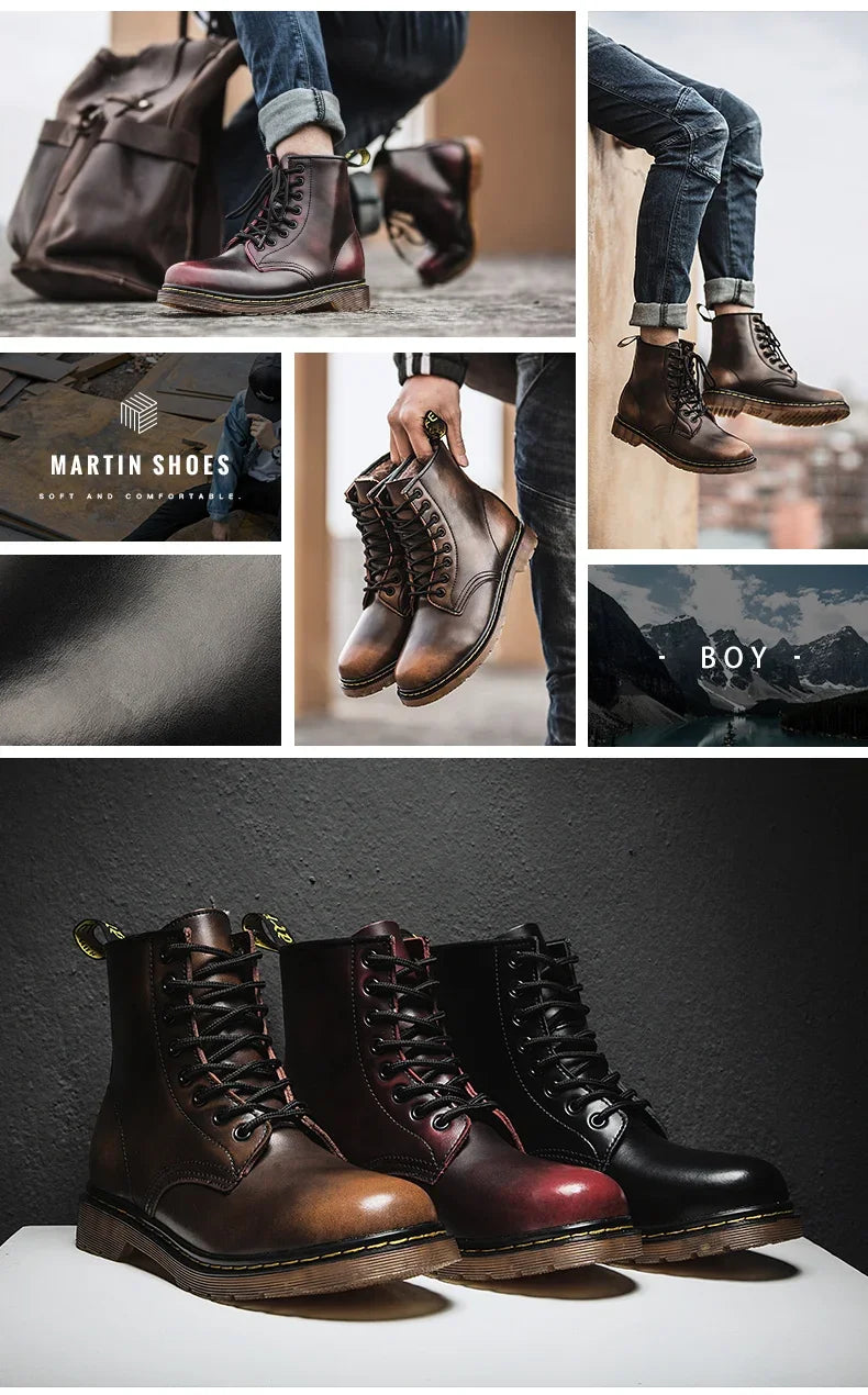 New Couple Boots Genuine Leather Motorcycle Shoes Breathable Waterproof Anti-Slip Warm Cotton Men's Women's Fashion Ankle Boots