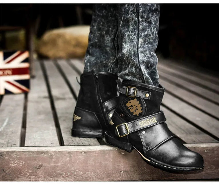 2025 New In Men Boots Luxury Handmade Men Ankle Boots Metal Buckle Zipper Motorcycle Boots Outdoor Plus Size 39-48 Punk Bottines