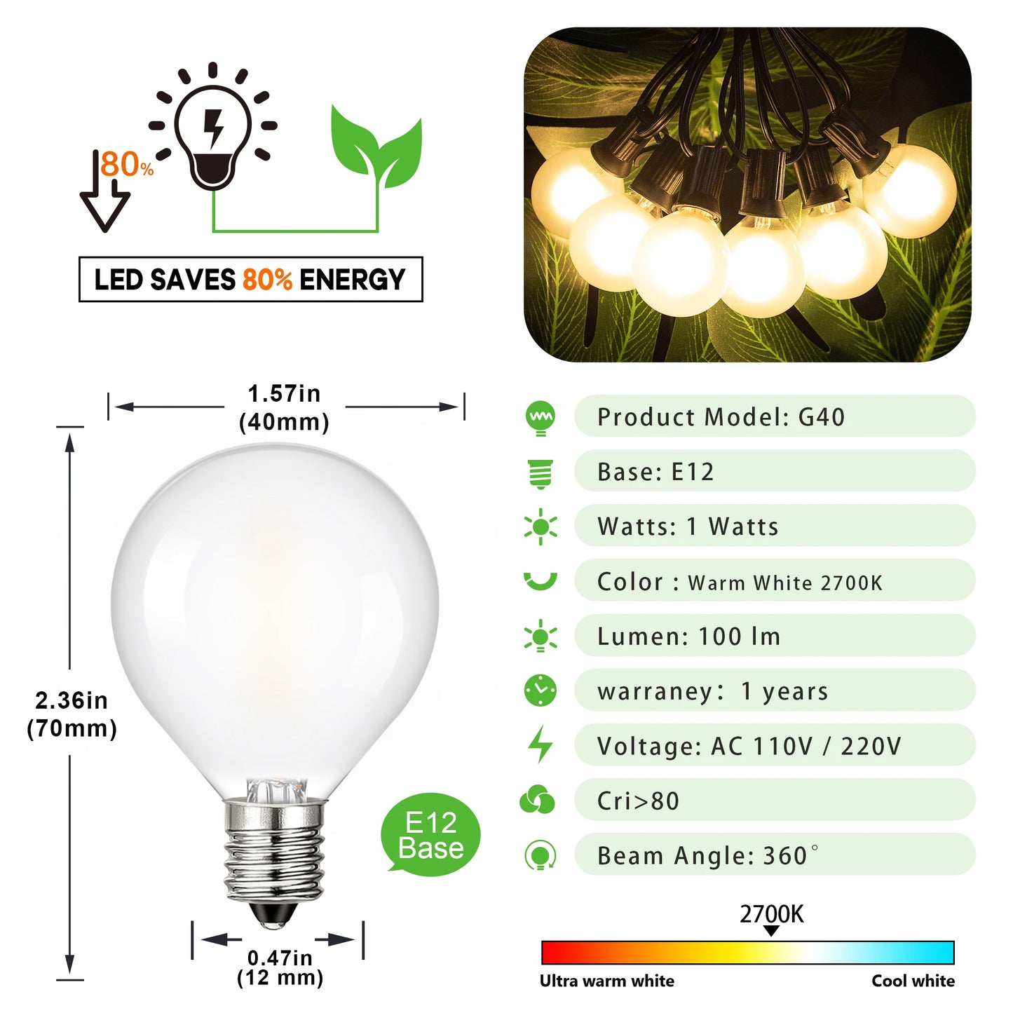 Waterproof G40 Led Lights Decoration EU 220V US 110V String Light Warm White Frosted White Wedding Party Garden Lights Outdoor