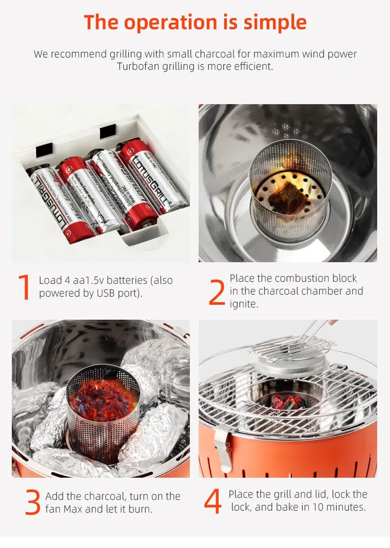 New Design Portable Charcoal BBQ Grill Stainless Steel Turbo BBQ Grill Outdoor