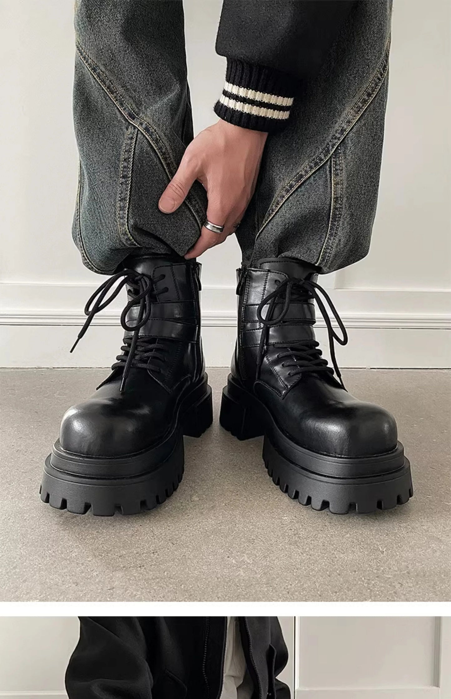 Height increased by 7CM short leather boots for men's dark punk functional motorcycle boots commuting buckle work clothes shoes