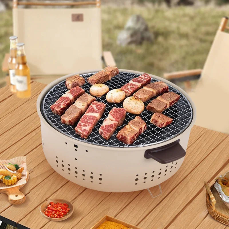 New Outdoor Smokeless Round Grill Small Stove Charcoal Grill Portable Korean Style Camping Barbecue Tabletop Stove