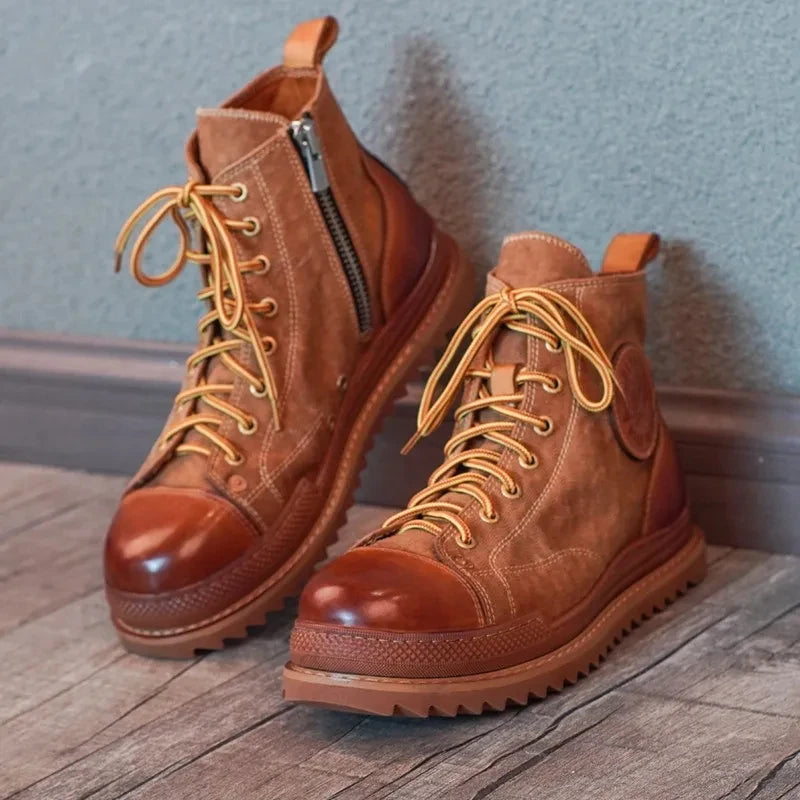 Retro Uglybros Motorcycle Boots Cowhide Canvas Shoes Ankle Protect Motorbike Zapatone British Style Botas For Harley For TRIUMPH