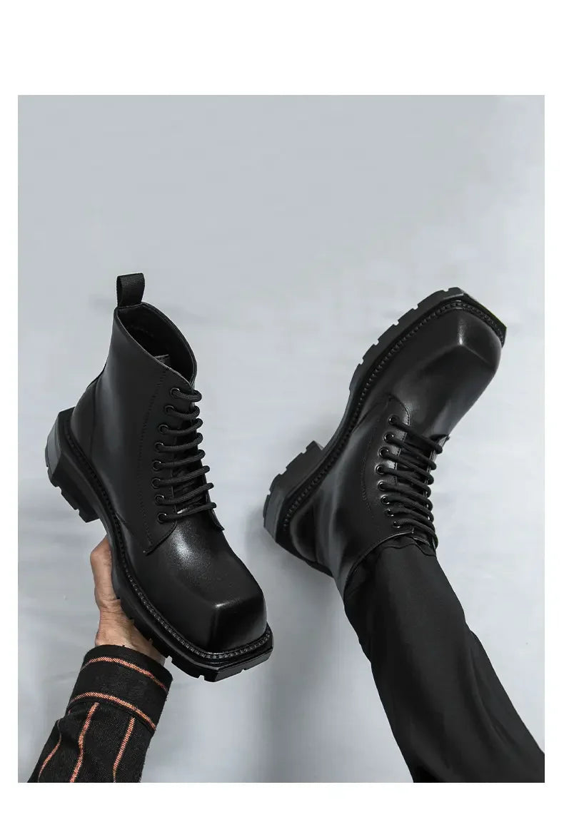 Large Men's Autumn High Top Casual British Motorcycle Shoes, Retro Trendy Brand Height Increasing Big Head Leather Boots