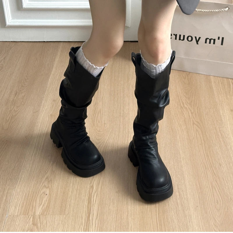 Size 35-42 Big Round Toe Punk Block Heel Motorcycle Boots Platform Lace-Up Mid Calf Work Boots Cool Fashion Boot