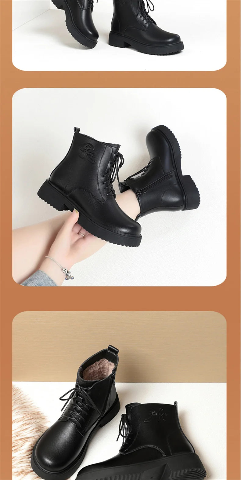 Women Winter Warm Velvet Ankle Boots Lace up Soft Leather Thick Bottom New Fashion Anti-slip Motorcycle Short Boots