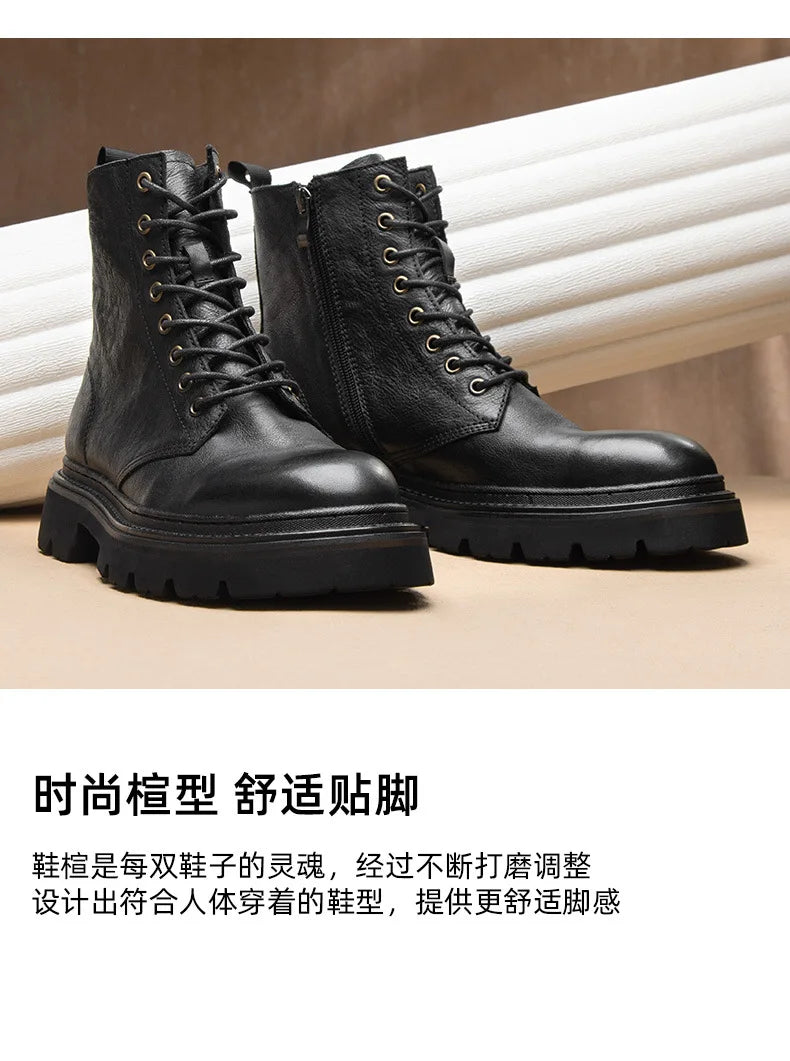 Motorcycle Boots Men Genuine Leather Retro Motorbike Ankle Boots Thick Soled Wear Resistant High Top Cowhide Shoes EU 38-44