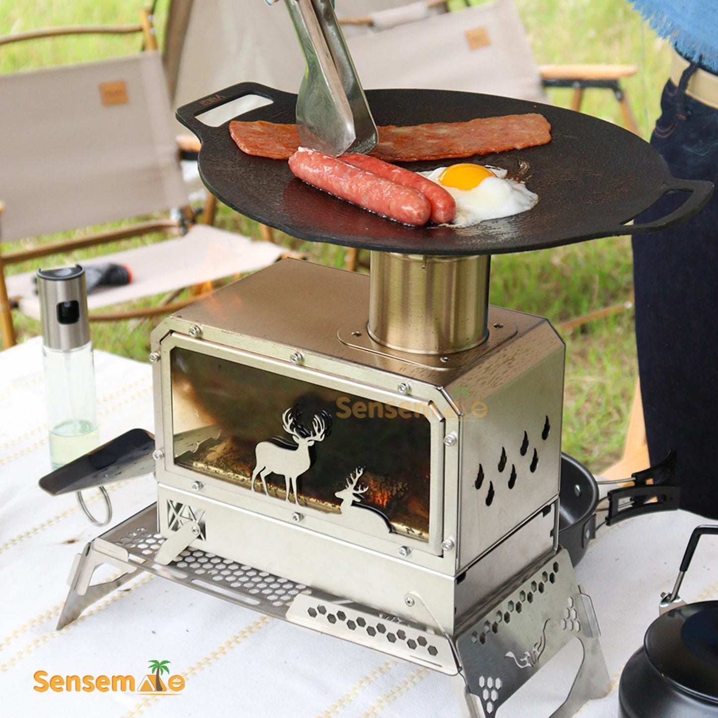 Portable Stainless Steel Wood Stove Camping Oven with Glass Window Folding Rocket Stove Mini Drawer for BBQ Grill Garden Hiking
