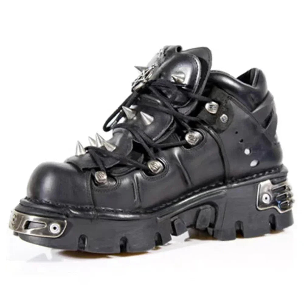 Fashion Men's Genuine Leather Motorcycle Boots,Retro Goth Punk Metal rivet Rock Skull Ankle Boots,Women Platform Work Shoes 48