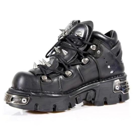 Fashion Men's Genuine Leather Motorcycle Boots,Retro Goth Punk Metal rivet Rock Skull Ankle Boots,Women Platform Work Shoes 48