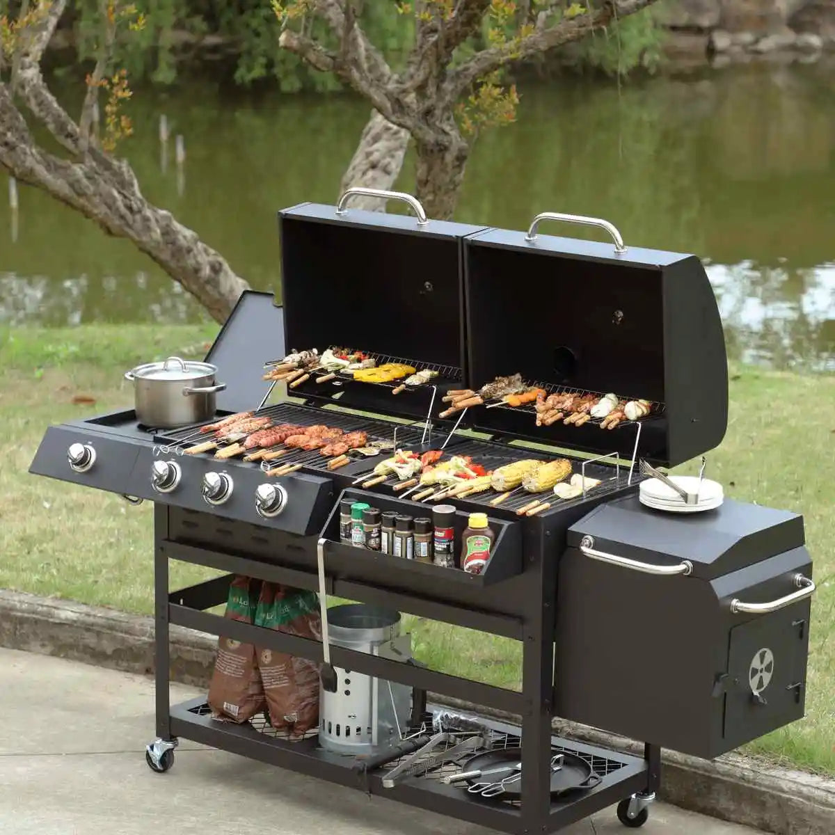 Grill Burner Gas & Charcoal Outdoor with Side Smoker Coated Finish for Family Gatherings