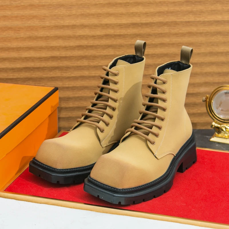 Large Men's Autumn High Top Casual British Motorcycle Shoes, Retro Trendy Brand Height Increasing Big Head Leather Boots