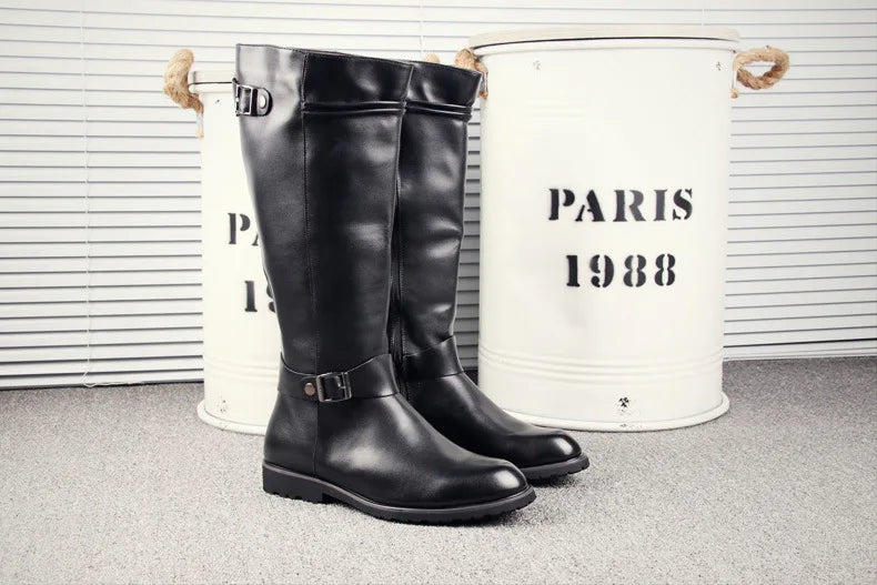 British Mens Black Leather Knee High Boots Desiger Zip Long Motorcycle Shoes Antique Cosplay Stage Botas Casual Comfort Zapatos