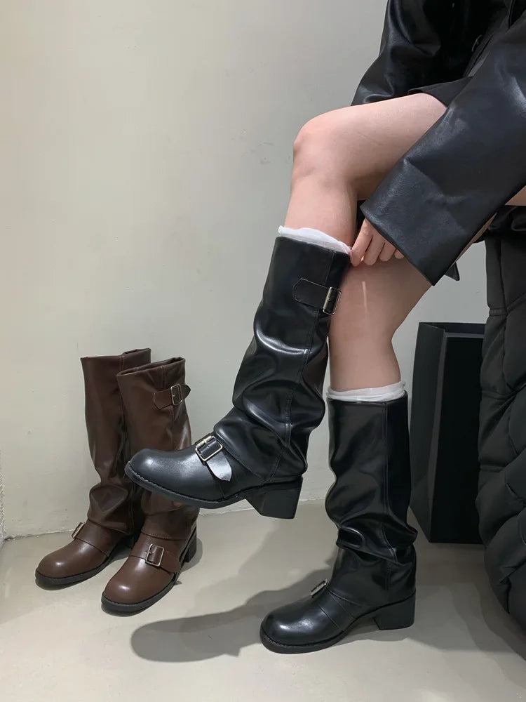 Woman Boots Knee High Platform Heels Trend Punk Gothic New Rock Leather Fashion Women Shoes Motorcycle Footwear Zapatos De Mujer