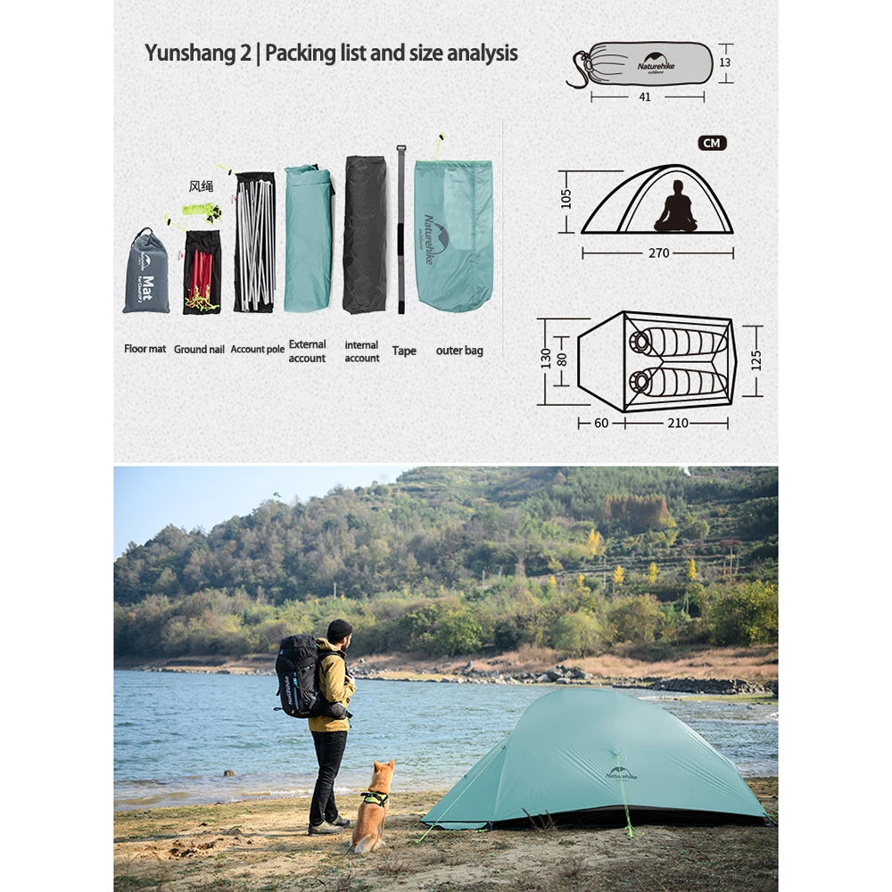 Naturehike Cloud Up 2 Camping Tent 1-2 Person Nylon 20D Travel Tent Waterproof Portable Hiking Backpacking Tent Ultralight