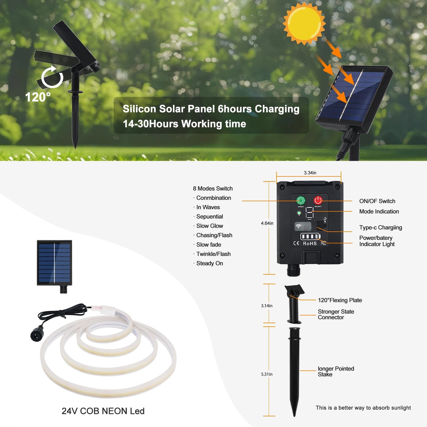 24V Solar Powered COB LED Strip Light Double Side Glow 320 LEDs/m Waterproof Flexible Neon Tape Indoor Outdoor Linear Lighting