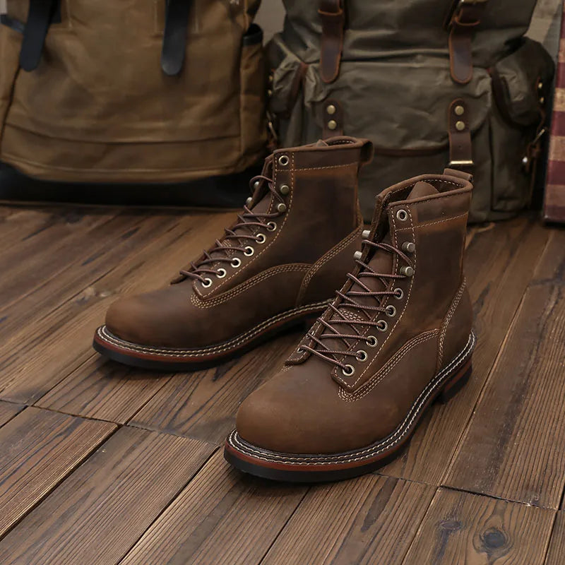 European Short-faced Leather Motorcycle Riding Boots Top Layer Cowhide Men's  Autumn Winter British Trendy Outdoor Shoes Male