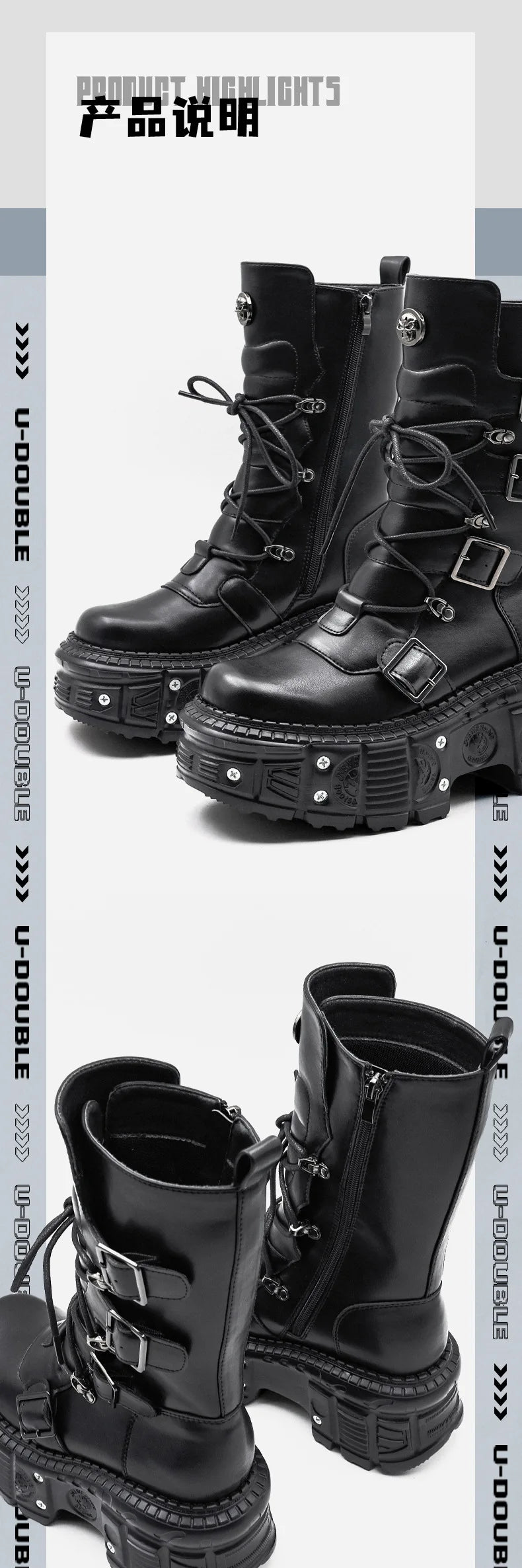 2025 Spring, Autumn and Autumn New Punk Style Women's Platform Spice Girls Metal Rock Motorcycle Fried Street Middle Boots Men