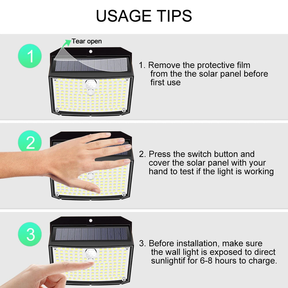 Solar Lights Outdoor 158 LED Solar Wall Lamp Waterproof Wireless Motion Sensor Security 3 Modes Garden Fence Yard Deck Garage