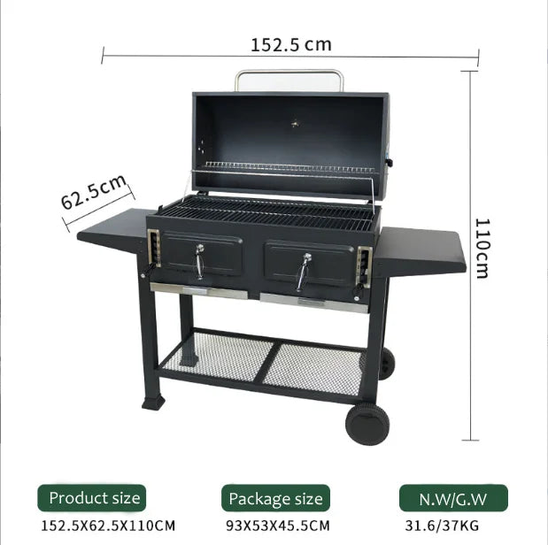 Portable Outdoor Bbq Wood  Grills Large Duty Charcoal Bbq Grill Trolley Smoker Barbecue Grill With Foldable Double Side Table
