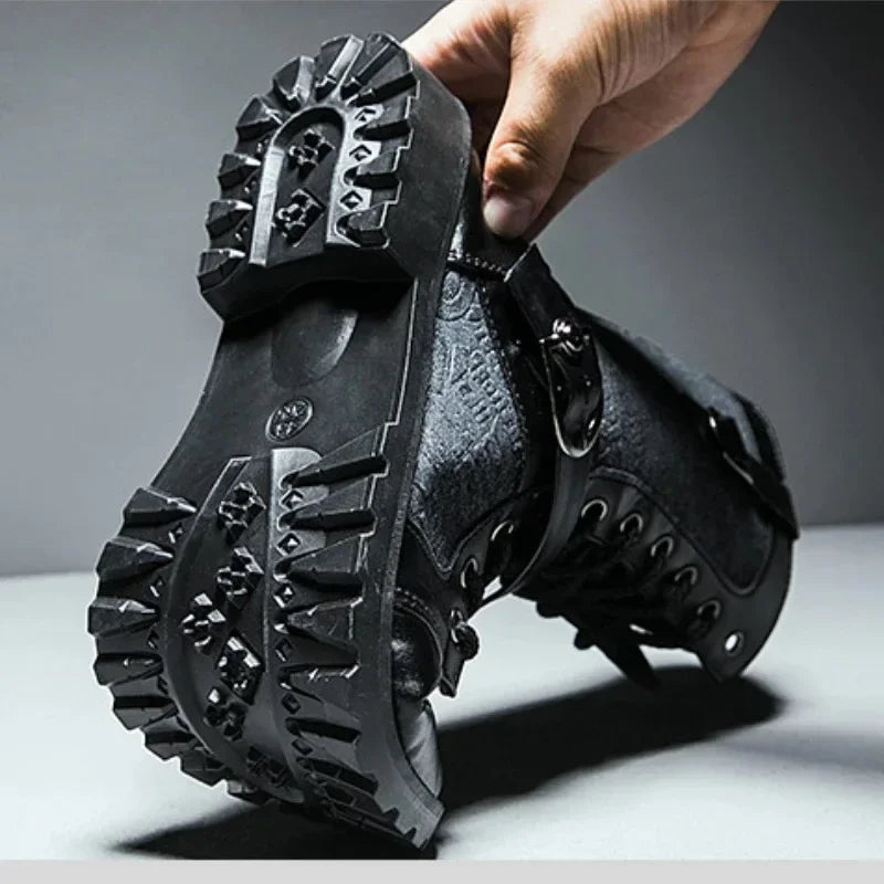 2025New Men Boots Fashion Mid-calf Boots Trend Motorcycle Boot High Top Casual Boots for Men Plush Warm Winter Boot Botas Hombre
