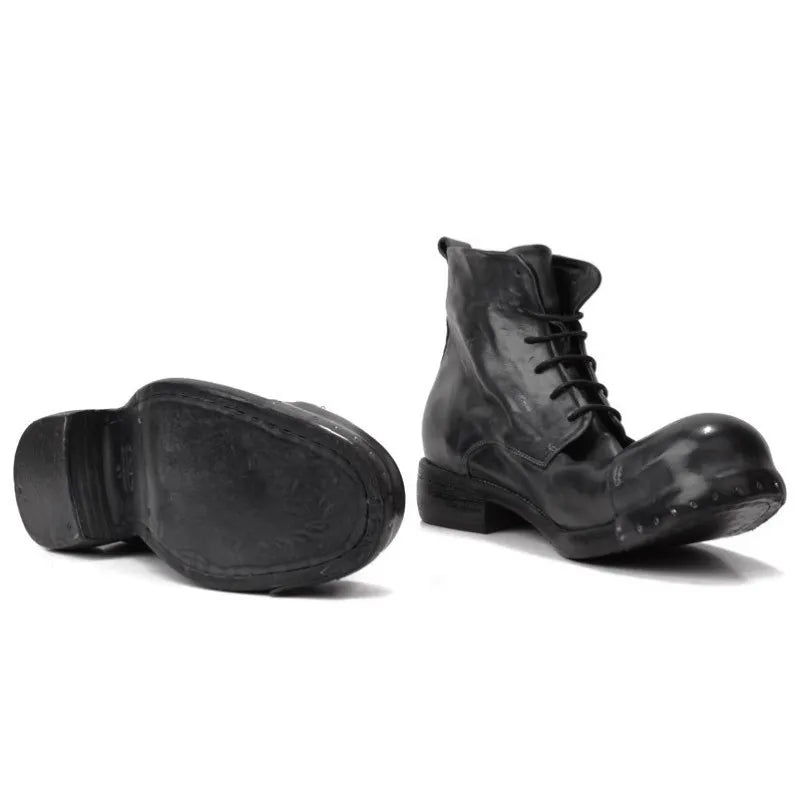 Retro Horsehide Genuine Leather Mens Boots Handmade Lace Up High Top Work Cargo Shoes High Quality Motorcycle Short Boots Male