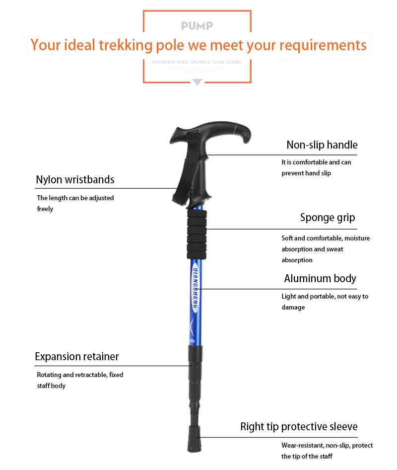 Four-section T-handle Trekking Pole Outdoor Travel Cane Climbing  Pole Aluminum Alloy Telescopic Pole Hiking Walking Stick