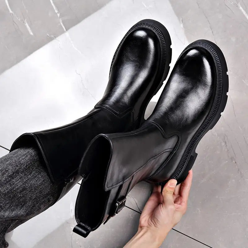 Tall Boots for Men Made of Leather with Increased Height and Soft Sole Western Cowboy Plush Insulation Knight Ankle Riding