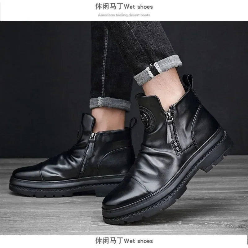 Men's Motorcycle Leather Boots British Style Round Head High Top Shoes Side Zip Walking Casual Platform Boots Bota Masculina