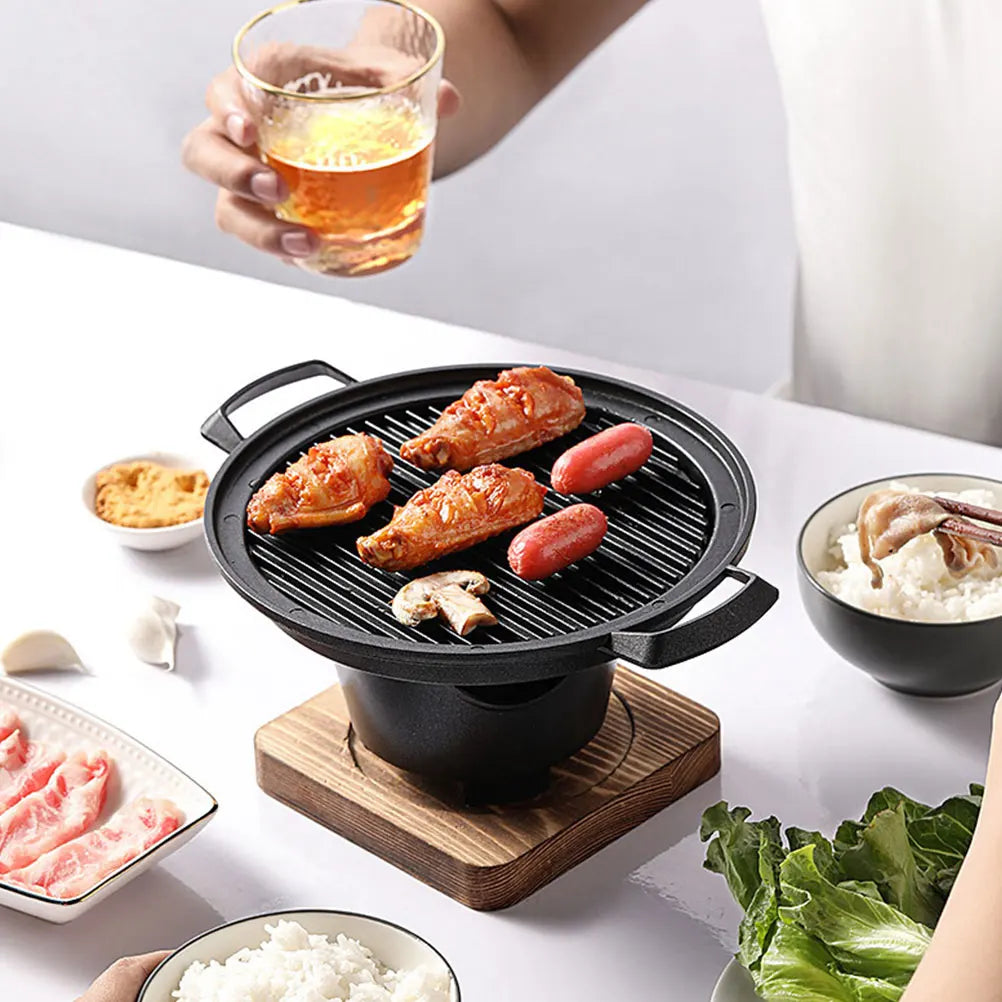 1 Set Grilling Plate Furnace Smoke-Free Barbecue Stove Wooden Board Non-Stick Aluminum Durable Easy Storage Space-Saving Indoor