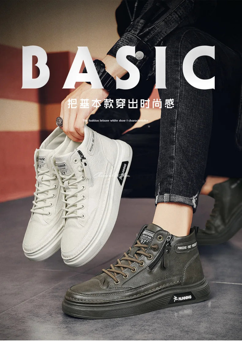 Leather Boots for Men Zipper Man Sneakers Fashion Ankle Boots High Top Man Boots Solid Sports Shoes 2024 Trend Motorcycle Boot