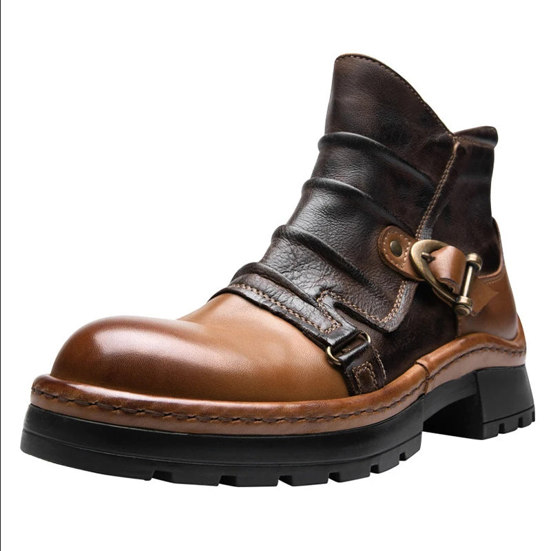 Brown Leather Motorcycle Boots Mens Round Head High Top Motorbike Boots Quality Moto Riding Shoes Thick Soled Summer Winter