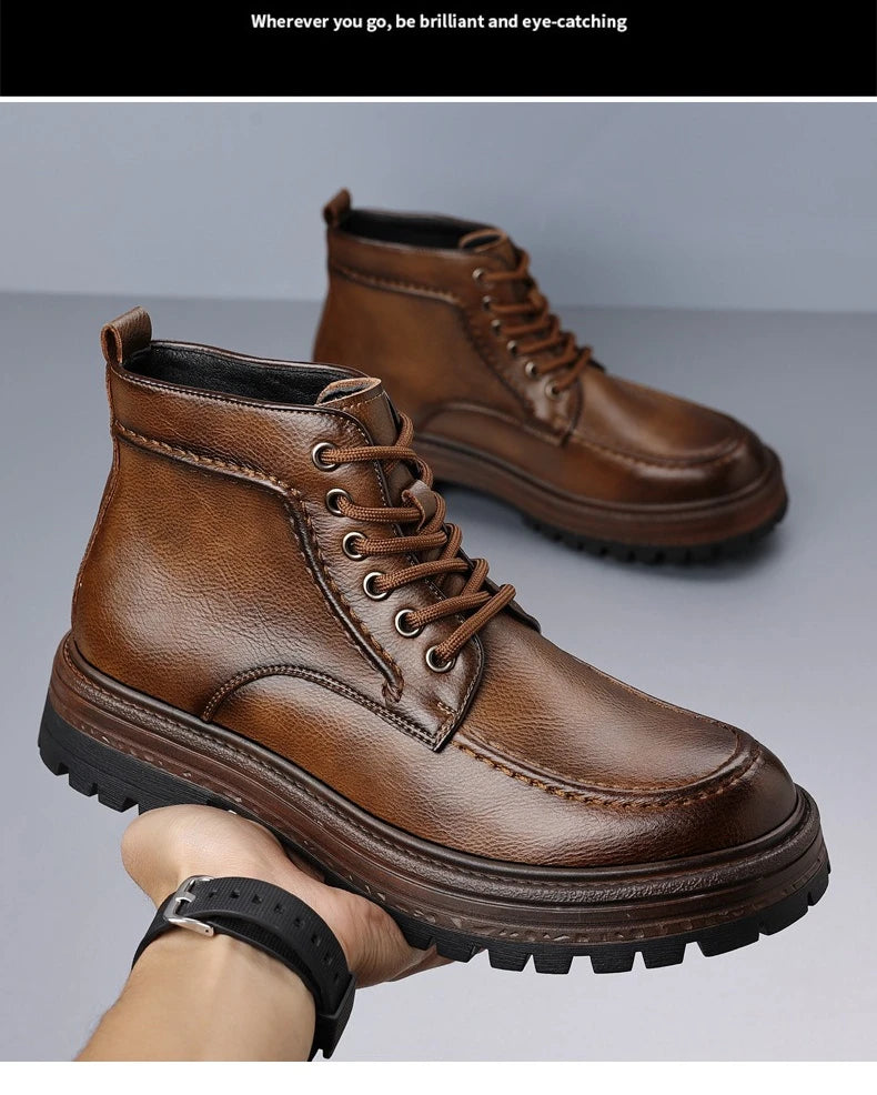 2025 Autumn Winter New Platform Boots for Men Keep Warm Fashion Casual Ankle Boot Male Solid Color Outdoor Cow Leather Shoes Man