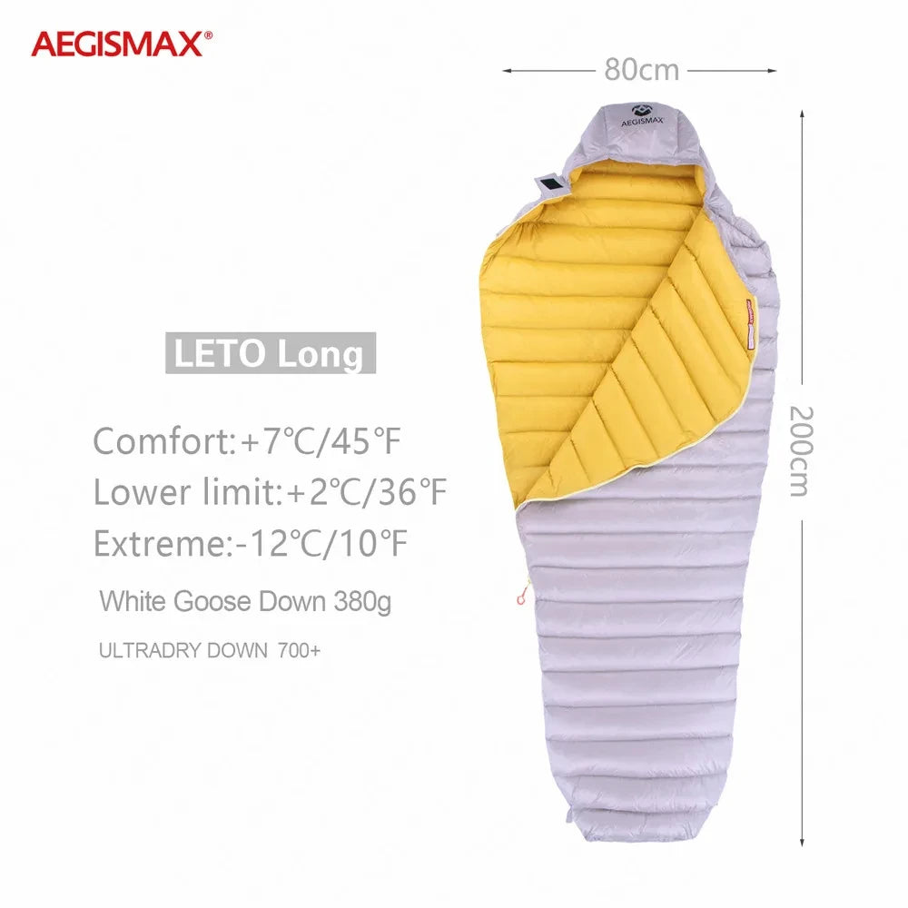 AEGISMAX LETO Outdoors White Goose Down Sleeping Bag Waterproof Camping Travel 36℉~45℉ Small Packing Down Sleeping Bag FP700+