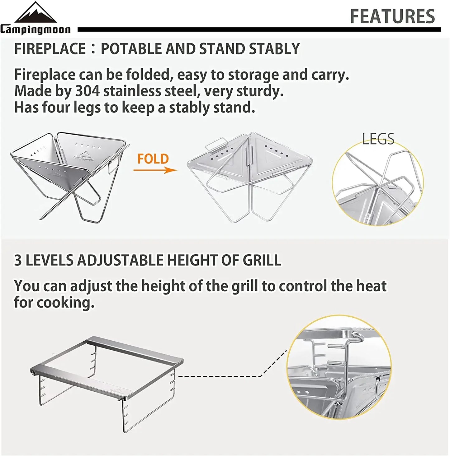 CAMPINGMOON Outdoor Woodland Backyard Garden Maximum Size  Folding Stove Stainless Steel Charcoal Bbq Grill Fire Pit Roast