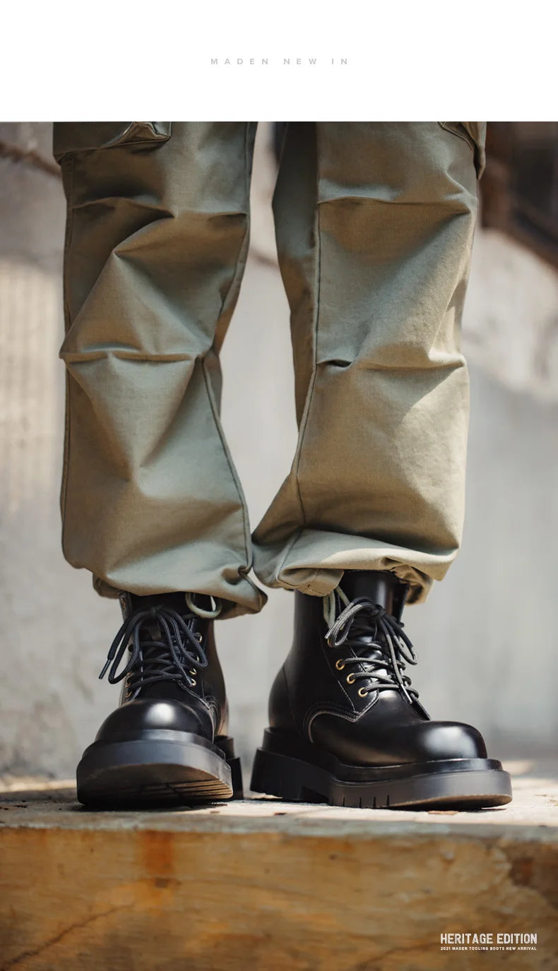 Maden Men's Handmade Cowboy Boots Black Motorcycle Boot British Split Leather TPR Sole Work Safety Boot Mid Outside Shoes