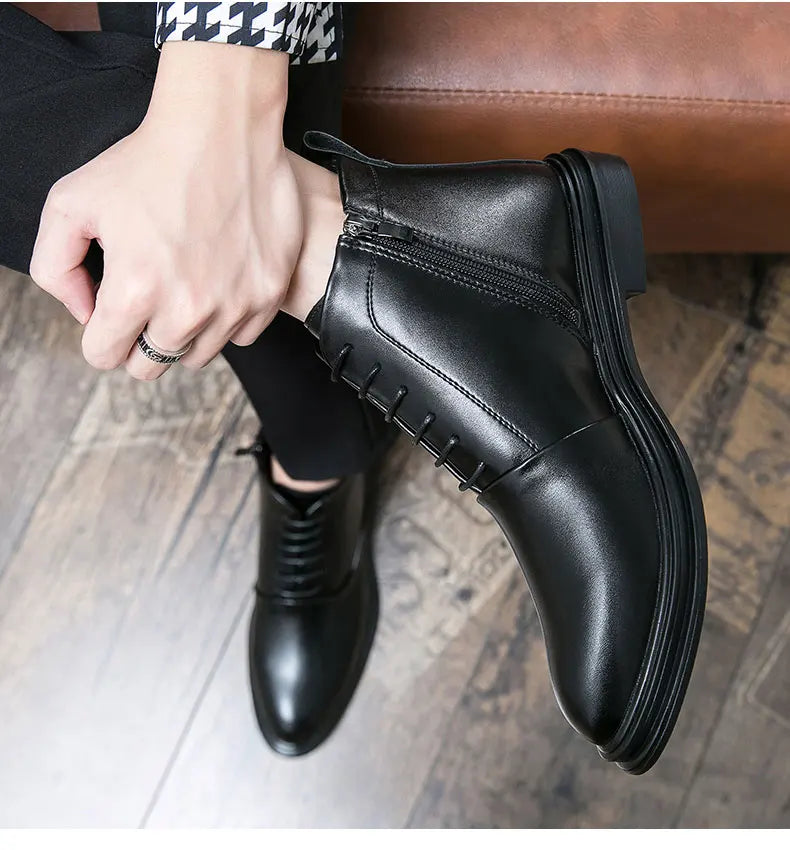 Italian Leather Men Zip Lace-Up Boots Casual Shoes Motorcycle Boots Black Winter High Quality Booties Botas Masculinas 38-46