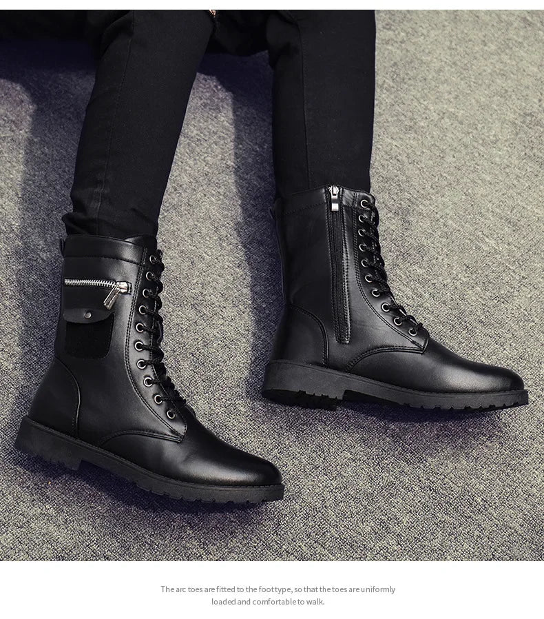 PU Leather Men Motorcycle Boots Men's Riding Hunting Walking Shoes Autumn Winter Mid-Calf Boots High Top Boots