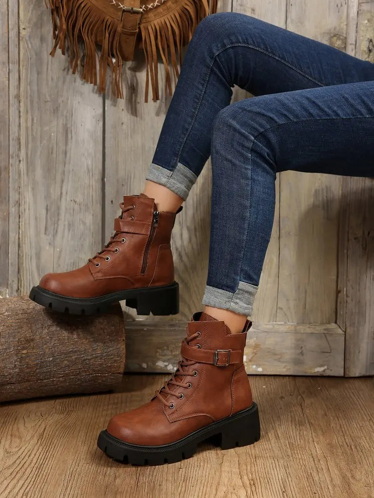 Platform Women Boots Fashion High Quality Women Ankle Boots Retro Round Toe  Motorcycle Boots Punk Style Women Shoes Botas Mujer