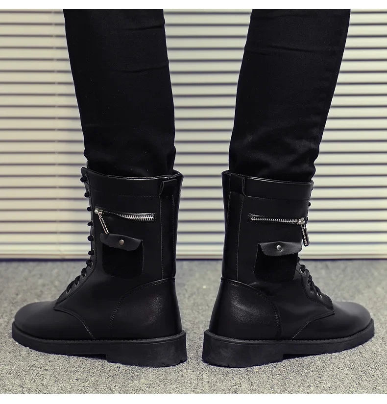 PU Leather Men Motorcycle Boots Men's Riding Hunting Walking Shoes Autumn Winter Mid-Calf Boots High Top Boots